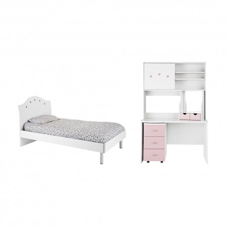 Cama Individual con Escritorio Sylku Blanco con Rosa - Envío Gratuito